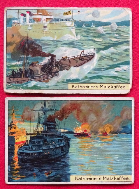   Reklamebild / Kaufmannsbild / Sammelbild Kathreiner's Malzkaffee (Russischer-Japanischer Krieg 1. Japanischer Flottenangriff vor Port Arthur; 3 Bombardement von Wladiwostok) 