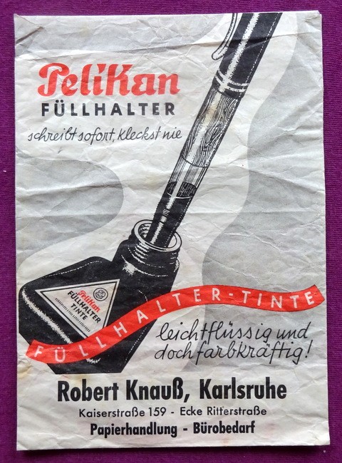 Knauß, Robert  Papiertüte mit Werbung für Pelikan Füllhalter mit Aufdruck Robert Knauß Papierhandlung, Kaiserstraße 159, Karlsruhe 