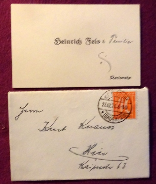 Fels, Heinrich  Glückwunschkarte / Visitenkarte des Brauerbesitzers aus Karlsruhe Heinrich Fels an Kurt Knaus v. 27.12.1921 
