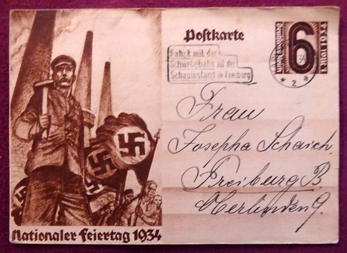   Ansichtskarte AK Ganzsache "Nationaler Feiertag 1934" (Aufdruckmarke 6 Rpf Deutsches Reich 1. Mai 1934, Stempel "Fahrt mit der Schwebebahn auf den Schauinsland Freiburg) 