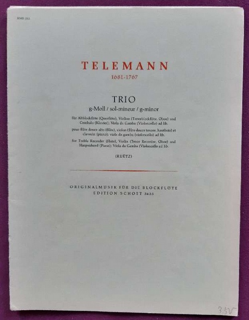 Telemann, Georg Philipp  Trio g-Moll für Altblockflöte (Querflöte),Violine (Tenorblockflöte, Oboe) und Cembalo (Klavier), Viola da gamba (Violoncello) ad lib. 