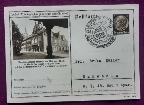   Bild-Postkarte / Ganzsache mit 6Rpf schwarz (Abb. Arnstadt + sauberer Stempel "Reichssportfeld Berlin 13.-15. August 1937, Führerappell. Reichswettkampf") 