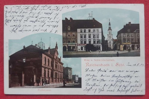   Ansichtskarte AK Reichenbach in Schlesien (heute: Dzierzoniów) Ring und Schweidnitzerstrasse und Poststrasse (Stempel Reichenbach) 
