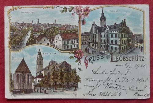   Ansichtskarte AK Gruss aus Leobschütz (heute: Glubczyce) 3 Ansichten: Totalansicht, Kirchen und Rathaus (Stempel Leobschütz und Zuckmantel) 