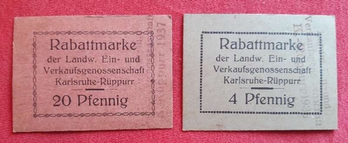   2 Rabattmarken der Landwirtschaftlichen Ein- und Verkaufsgenossenschaft Karlsruhe-Rüppurr 4 + 20 Pfennig gestempelt 1935 + 1937 