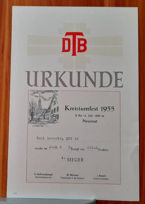   URKUNDE DTB Kreisturnfest 1955 9. bis 11. Juli 1955 in Neureut (1. Sieger im 3 Kampf Emil Leopold) 