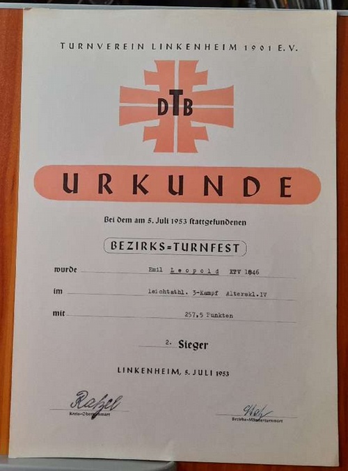   URKUNDE "für Emil Leopold TV 1846 Karlsruhe (KTV) (2. Sieger beim Bezirksturnfest in Linkenheim 5. Juli 1953) 