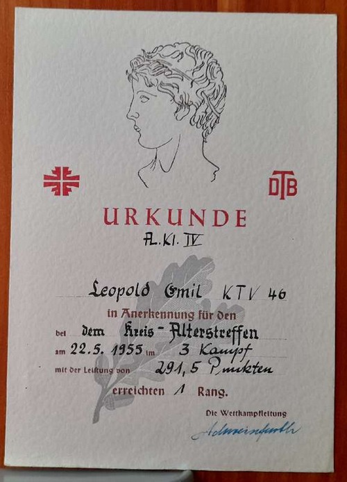   URKUNDE "für Emil Leopold TV 1846 Karlsruhe (KTV) (Urkunde in Anerkennung für den bei dem Kreis-Alterstreffen am 22.5.1955 im 3-Kampf, 1. Sieger) 