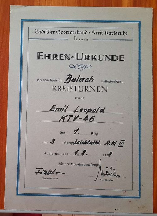   EHREN-URKUNDE "für Emil Leopold TV 1846 Karlsruhe (KTV) (1. Sieger beim Kreisturnen 3-Kampf am 1.8.1948 in Karlsruhe-Bulach) 