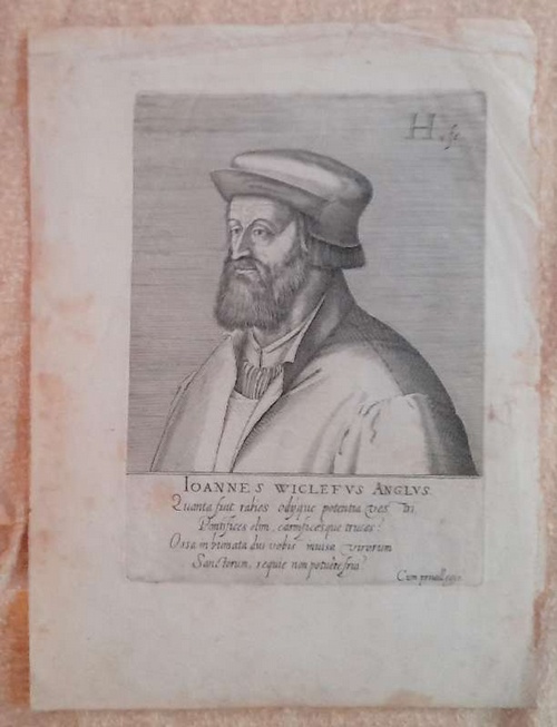 Wycliffe, John  Holzschnitt Joannes Wiclefus Anglus (Portrait of John Wycliffe, half length, wearing cap and gown.  illustration to Jacob Verheiden's "Praestantium aliquot theologorum ... effigies" (The Hague: 1602). 1599) 