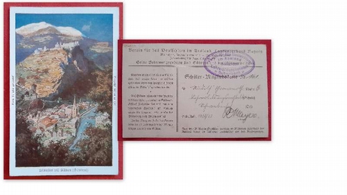   Ansichtskarte Ak; gleichzeitig: Schüler-Mitgliedskarte Nr. 141 Schuljahr 1930/31 (Klausen mit Säben (Südtirol) - Vom Feinde geraubt. Vergeßt seiner nicht) 