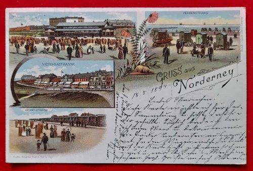   Ansichtskarte AK Gruss aus Norderney (Farblithografie, Promenade, Victoriastrasse, Damenstrand, Herrenstrand) 