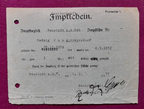 Jung, Hedwig (Speyerdorf)  Impfschein Formular I Impfbezirk Neustadt a.d. Hardt 