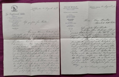   2 x Brief Briefkopf beide SCHLITZ Hessen Oscar Woelm + Langheinrich Weberei 