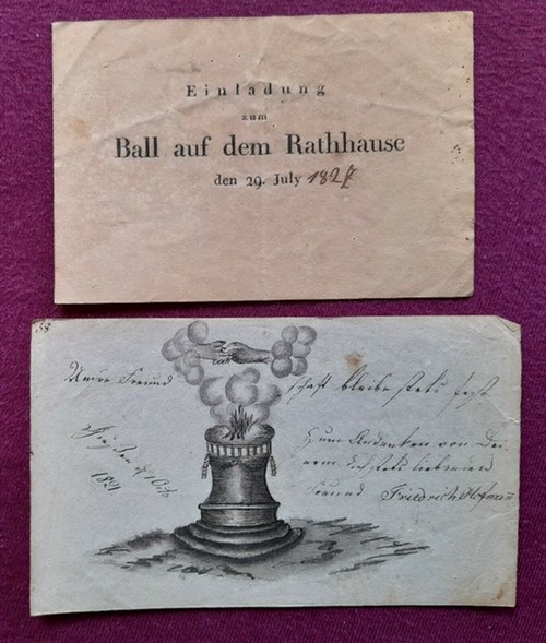   2 alte Belege Gießen Andenken 1821 + Marburg Einladung Ball Rathaus 1827 