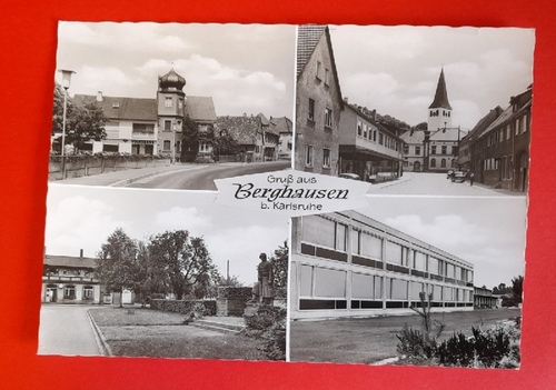   Ansichtskarte AK Gruß aus Berghausen. 4 Ansichten (Kirche, Bahnhof, Volksbank, Schule...) 