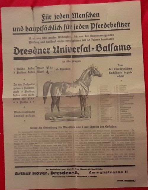 Dresdner Universal-Balsam  Werbeblatt "Für jeden Menschen und hauptsächlich für jeden Pferdebesitzer.... Dresdner Universal-Balsam" 
