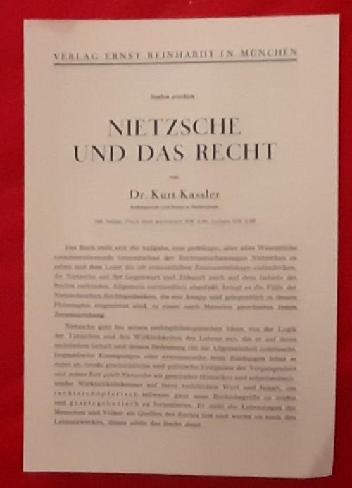 Ernst Reinhardt Verlag  Verlagswerbung / Prospekt für Schriften des Ernst Reinhardt Verlag in München (für 4 Schriften über Nietzsche) 