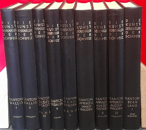 diverse Autoren  9 Bände der Reihe "Die Kunstdenkmäler der Schweiz" (Landband I: Die Stadt Burgdorf (1985); Appenzell Innerrhoden (1984); Appenzell Ausserrhoden II (MIttelland) + III (Vorderland); (1981/1984); Wallis I (Das Obergoms, die ehemalige Grosspfarrei Münster) (1976) + Wallis II (Das Untergoms) (1979); Basel Stadt Band IV (Die Kirchen, Klöster und Kapellen) (1961); St. Gallen V (Der Bezirk Gaster) (1970); Kanton Graubünden Band V (Die Täler am Vorderrhein, II. Teil Schams, Rheinwald, Avers, Münstertal, Bergell) (1943) 