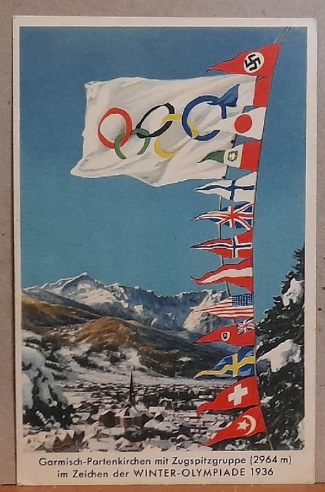   AK Ansichtskarte Garmisch-Partenkirchen mit Zugspitzgruppe (1964m) im Zeichen der Winter-Olympiade 1936 (mit Stempel Garmisch Winter-Olympiade 1936) 