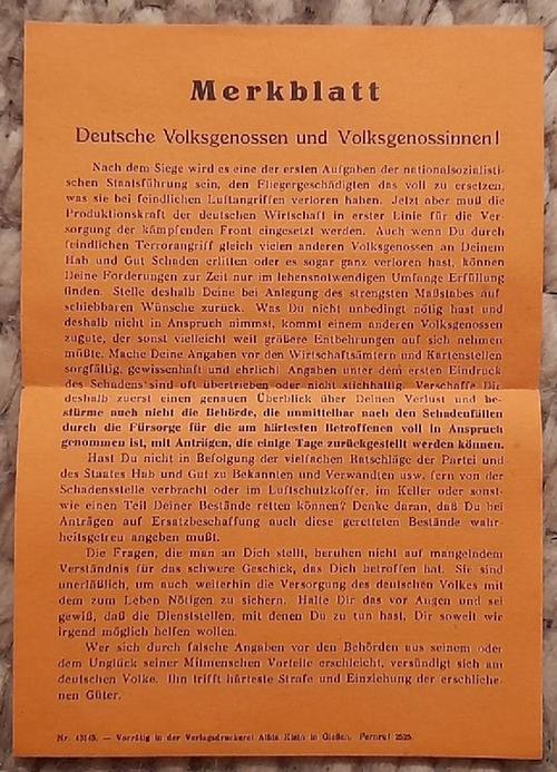   Merkblatt "Deutsche Volksgenossen und Volksgenossinnen !" 