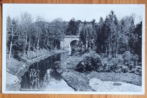   Ansichtskarte AK Schwarzachtal mit Kanalbrücke (hinten Aufdruck Ausflugsgaststätte Brückkanal Karl Zimmerer Feucht mit Stempel Röthenbach über Feucht 1958 und Stempel in Rot "Nachgebühr") 