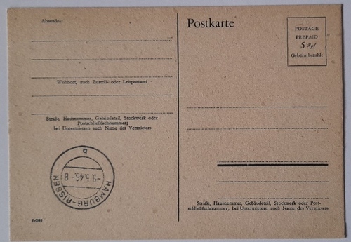   Postkarte / Postage Prepaid 5 Rpf Gebühr bezahlt; Stempel Hamburg-Rissen v. 9.5.1946 