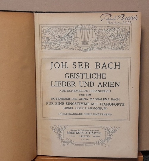 Bach, Johann Sebastian  Geistliche Lieder und Arien aus Schemelli's Gesangbuch und dem Notenbuch der Anna Magdalena Bach. Für eine Singstimme mit Pianoforte (Orgel und Harmonium) (mit Inhaltsangabe) 