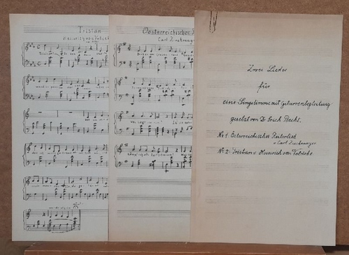 Becht, Erich  Zwei Lieder für eine Singstimme mit Gitarrebegleitung gesetzt v. Dr. Erich Becht (No. 1: Österreichisches Reiterlied (v. Carl Zuckmayer) + 2. Tristan (v. Heinrich v. Veldeke ca. 1170) 