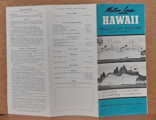 Matson Lines  Prospekt Hawaii. Sailings, Fares between San Francisco or Los Angeles Harbour and Honolulu (S.s. Lurline, Matsonia, Mariposa, Monterey) 