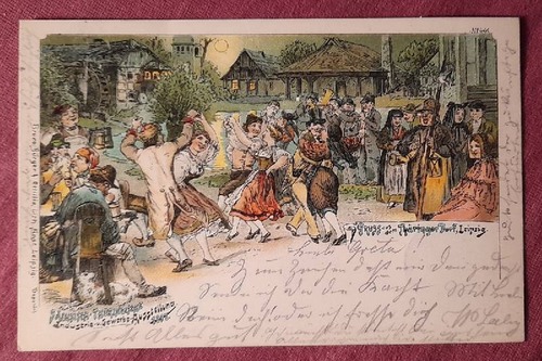   Ansichtskarte AK Sächsisch-Thüringische Industrie- und Gewerbe-Ausstellung, Leipzig 1897 (Farblitho. Gruss aus dem Thüringer Dorf Leipzig (Musikanten und Tanz) 