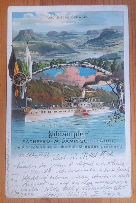   Ansichtskarte AK Sächsische Schweiz Eildampfer Sächs.-Böhm. Dampfschiffahrt, die Albrechtsburgen oberhalb Dresden passirend (Farblitho) 