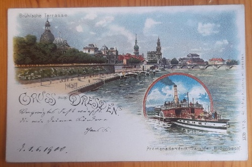   Ansichtskarte AK Gruss aus Dresden. 2 Ansichten (Farblitho. Brühl'sche Terrasse, Promenadendeck-Dampfer "Bodenbach") 