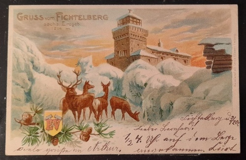   Ansichtskarte AK Gruss vom Fichtelberg im sächsischen Erzgebirge. mit Unterkunftshaus und Rehen, Wappen Erzgebirgsverein EV (Farblitho) 