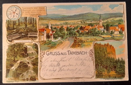   Ansichtskarte AK Gruss aus Tambach (Thüringen) (Farblitho. Lutherbrunnen, Spitter Fall, Falkenstein, Ortsansicht, Prägekarte) 
