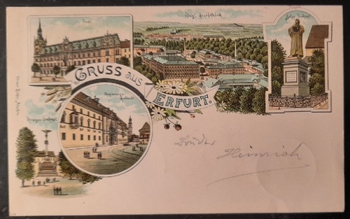   Ansichtskarte AK Gruß aus Erfurt (Farblitho. Post, Krieger-Denkmal, Regierungsgebäude, König. Gewehrfabrik, Luther-Denkmal) 