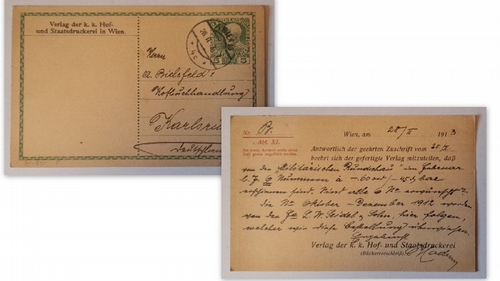   Postkarte / Ganzsache. Bestellung der k.u.k. Hof- und Staatsdruckerei in Wien v. 28.2.1913 (Adressiert an A. Bielefeld`s Hofbuchhandlung, Karlsruhe) 