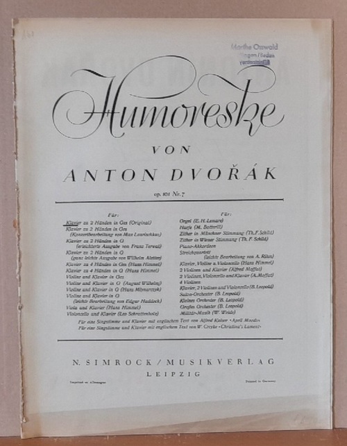 Dvorak, Antonin  Humoreske Op. 101 No. 7 (Klavier zu 2 Händen in Ges (Original) 