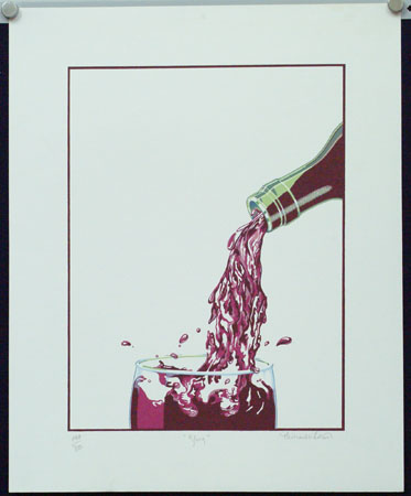 Michael....?  Glug (Abgebildet ein Glas und ein Flaschenhals einer Rotweinflasche), (Farbiges Plakat / Litho), 