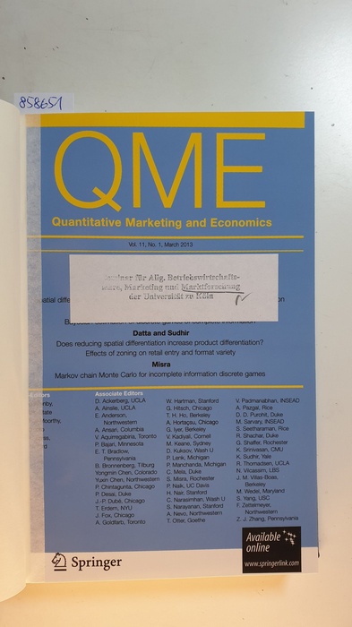 Diverse  Quantitative Marketing and Economics. Vol. 11, 2013 Komplett. 