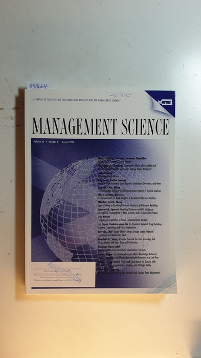 Diverse  Management science : journal of the Institute for Operations Research and the Management Sciences. Vol. 62, Nr. 8., 2016 