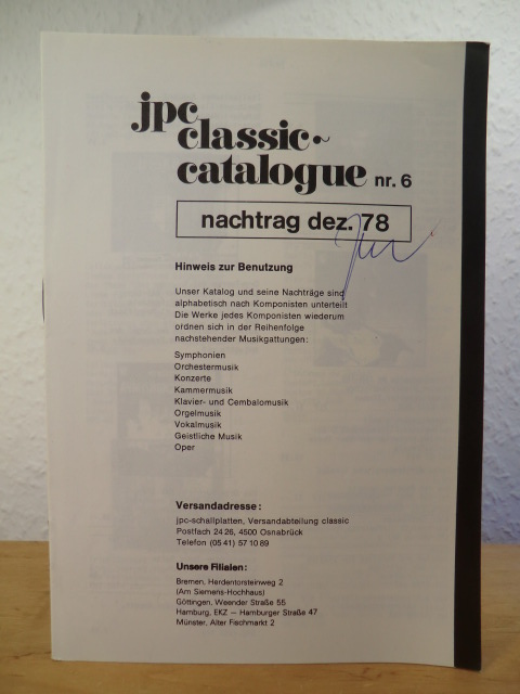 Jpc-Schallplatten - Versandabteilung Classic  Jpc Classic-Catalogue Nr. 6 - Nachtrag Dezember 1978 