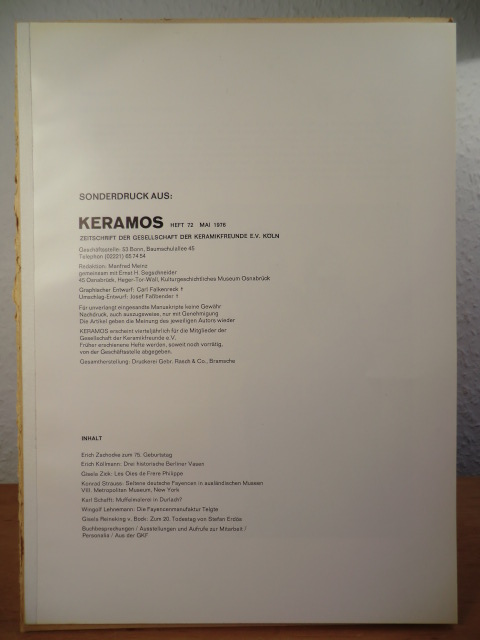 Zick, Gisela  Les Oies de Frère Philippe. Sonderdruck aus "Keramos, Zeitschrift der Gesellschaft der Keramikfreunde e.V. Köln", Heft 72, Mai 1976 
