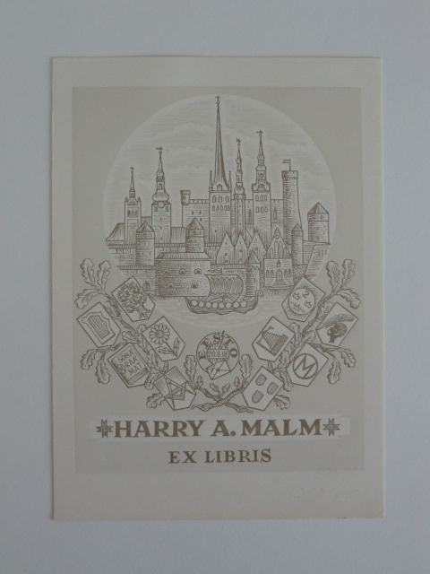 Naha, Johann:  Exlibris für Harry A. Malm. Motiv: Stadtansicht, unten zahlreiche Wappen 