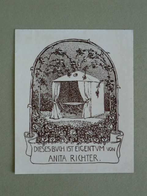Unbekannter Künstler:  Exlibris für Anita Richter. Motiv: Gartenzelt in floraler Einfassung 