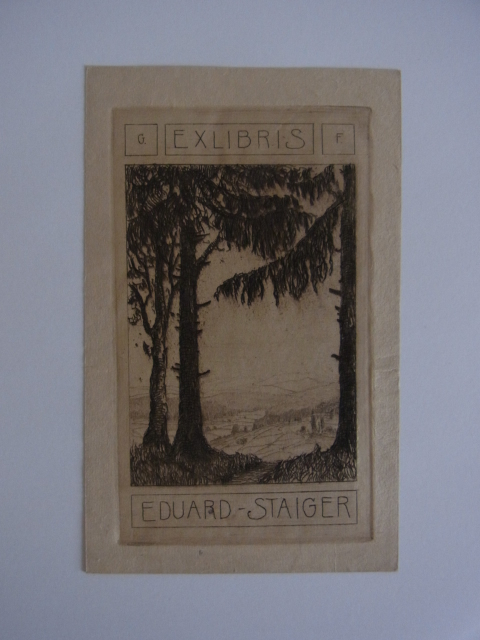 Unbekannter Künstler, monogrammiert mit G.F.:  Exlibris für Eduard Staiger. Motiv: Landschaft 