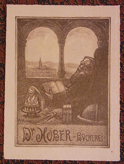 Rumm, August (1888 - 1950):  Exlibris für Dr. Hober. Motiv: Alchemist mit Buch, aus Fenster blickend. Original-Lithographie auf Bütten 