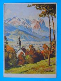   AK Künstlerkarte Hanns Maurus - St. Anton: Blick auf Garmisch-Partenkirchen und Wettersteingebirge 