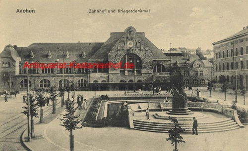 Historische Ansicht aus Deutschland um 1900,  Aachen/Bahnhof und Kriegerdenkmal, 19x13cm 