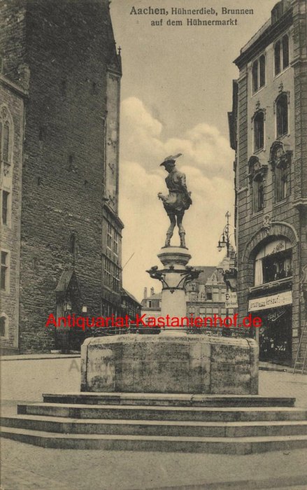 Historische Ansicht aus Deutschland um 1900,  Aachen/Brunnen auf dem Hühnermarkt, 19x13cm 